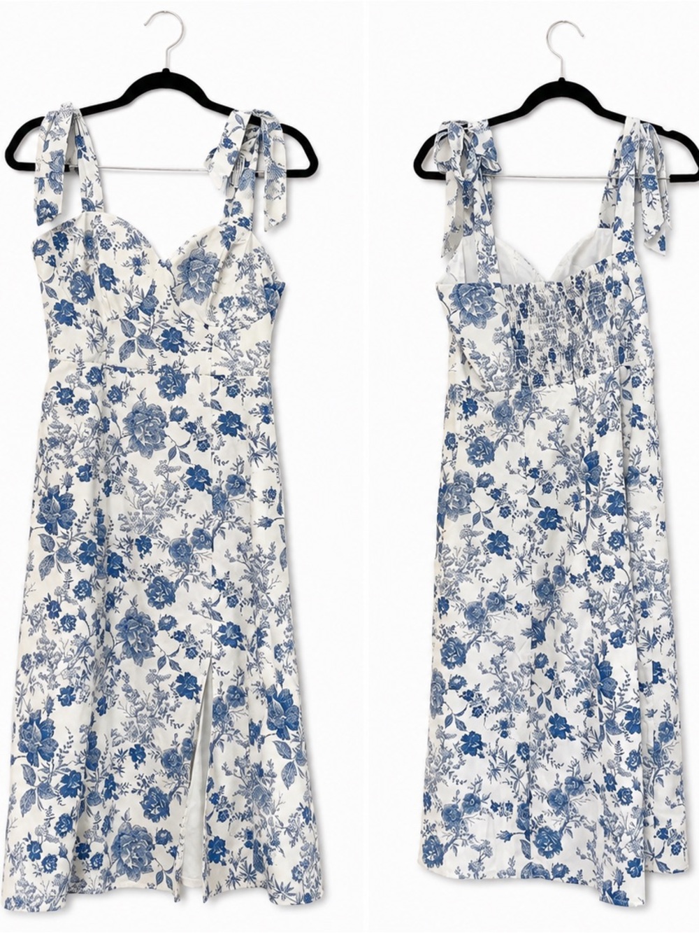 Francesca's White and Blue Floral Tie-Shoulder Midi Dress